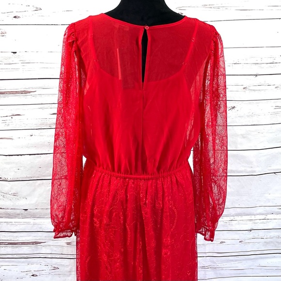 Banana Republic Women's Lace Dress Long Sleeve Midi Semi Sheer Red Size M - Picture 6 of 10